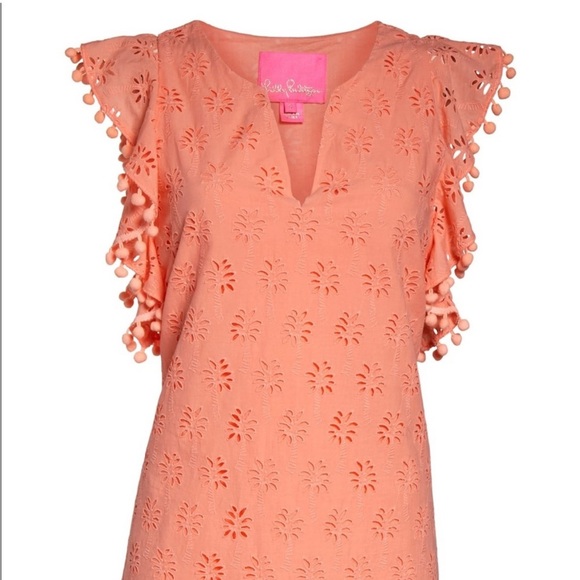 LILLY PULITZER Astara Peach Eyelet Palm Tree Dress w Pom Pom Flutter Sleeves S - Picture 9 of 14